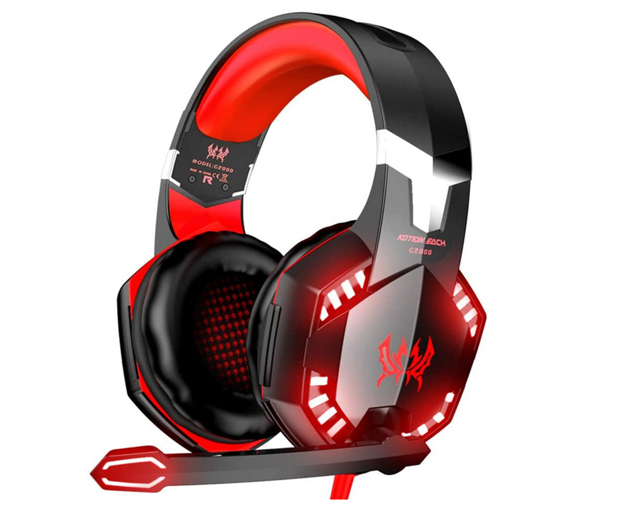 Gaming Headset Surround Sound over Ear Headphones with Mic, LED Light-Black&Red